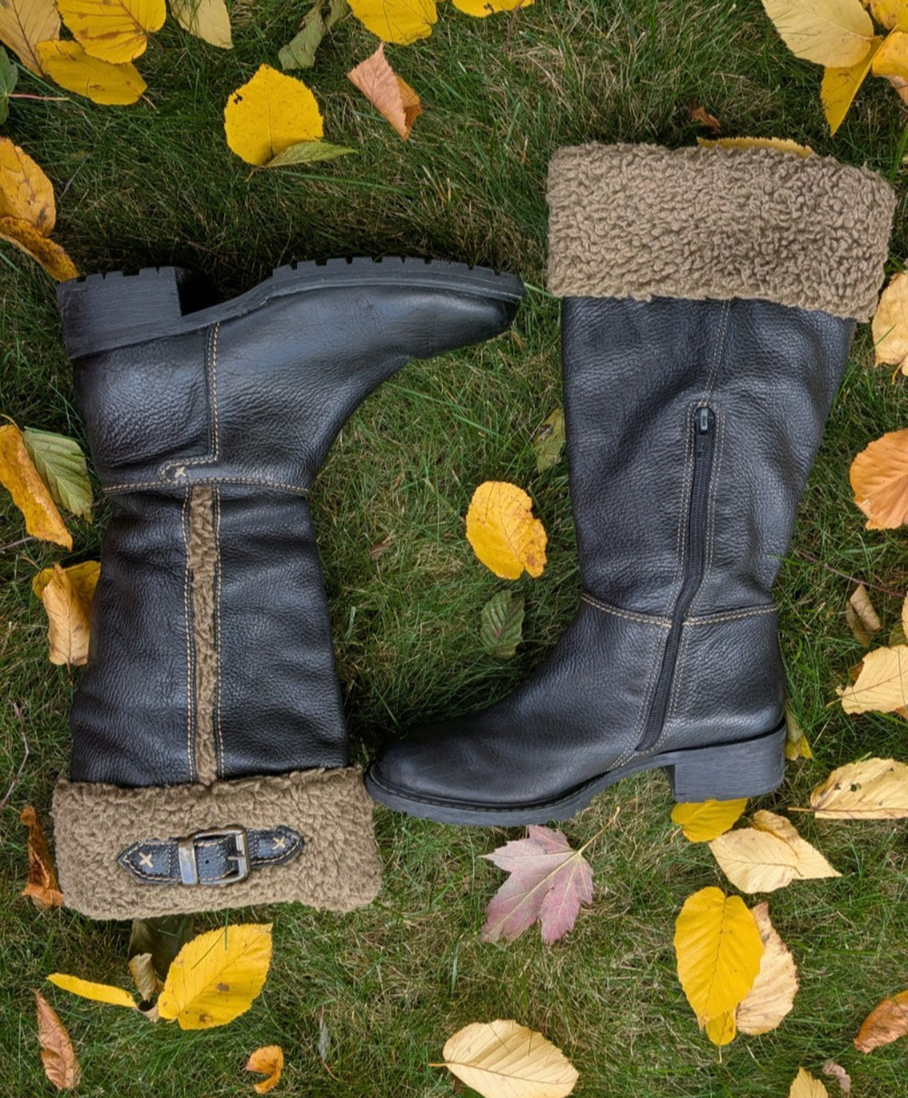 Naturalizer Boots Womens 6.5M Black Leather Knee High Shearling Trim Moto Riding